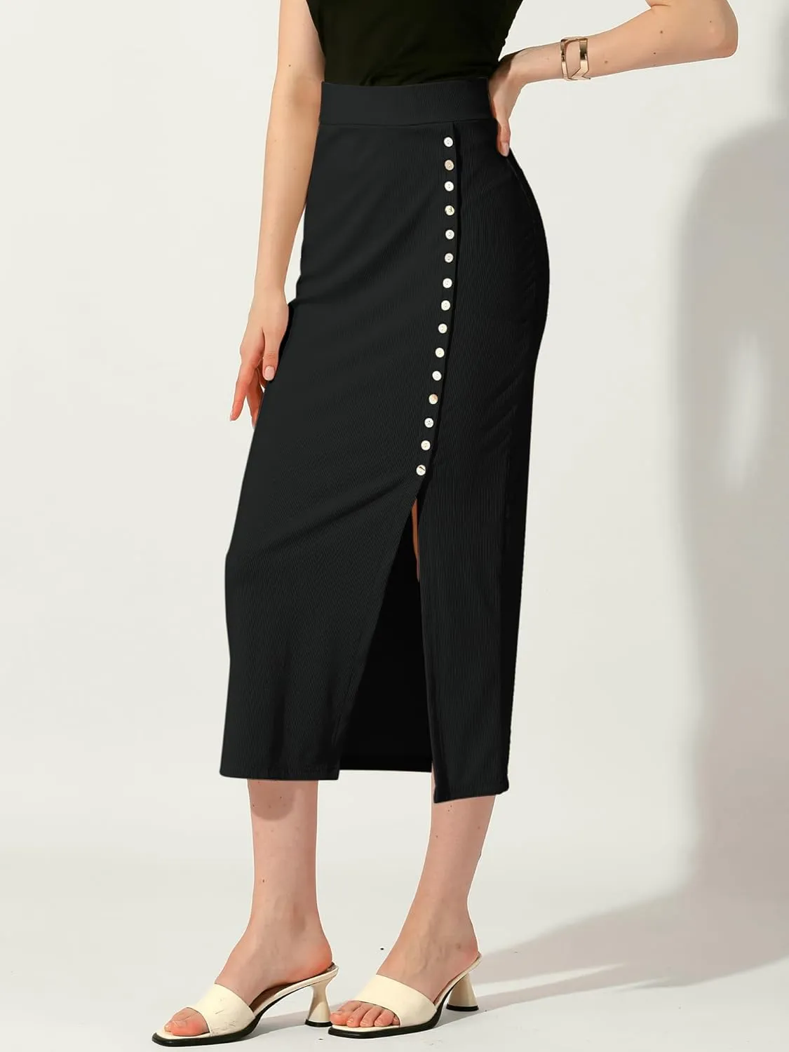 Allegra K Women's Long Pencil Skirt Casual Business Button Decor Ribbed Knit Basic Bodycon Midi Skirts Skorts