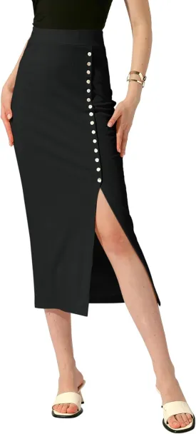 Allegra K Women's Long Pencil Skirt Casual Business Button Decor Ribbed Knit Basic Bodycon Midi Skirts Skorts