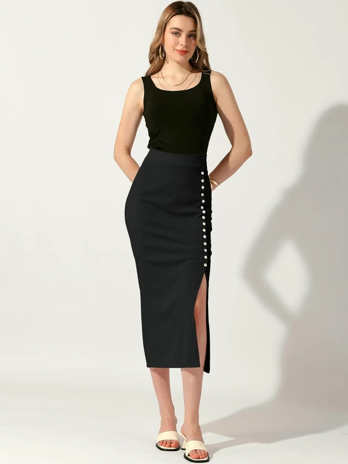 Allegra K Women's Long Pencil Skirt Casual Business Button Decor Ribbed Knit Basic Bodycon Midi Skirts Skorts