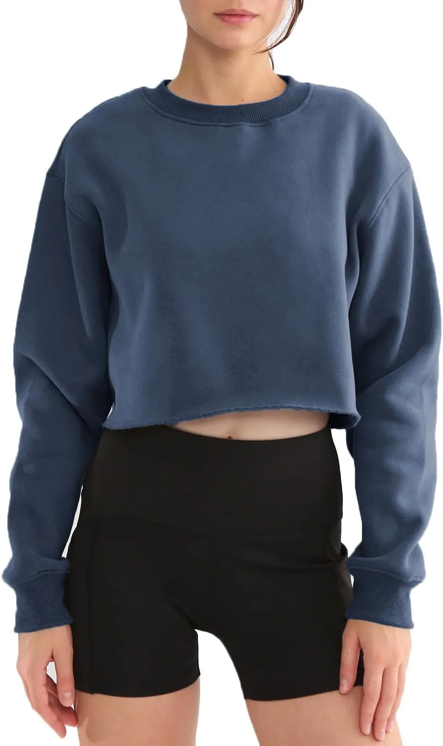 Amazhiyu Women' s Pullover Cropped Sweatshirt Crew Neck Long Sleeve Fleece Crop Tops
