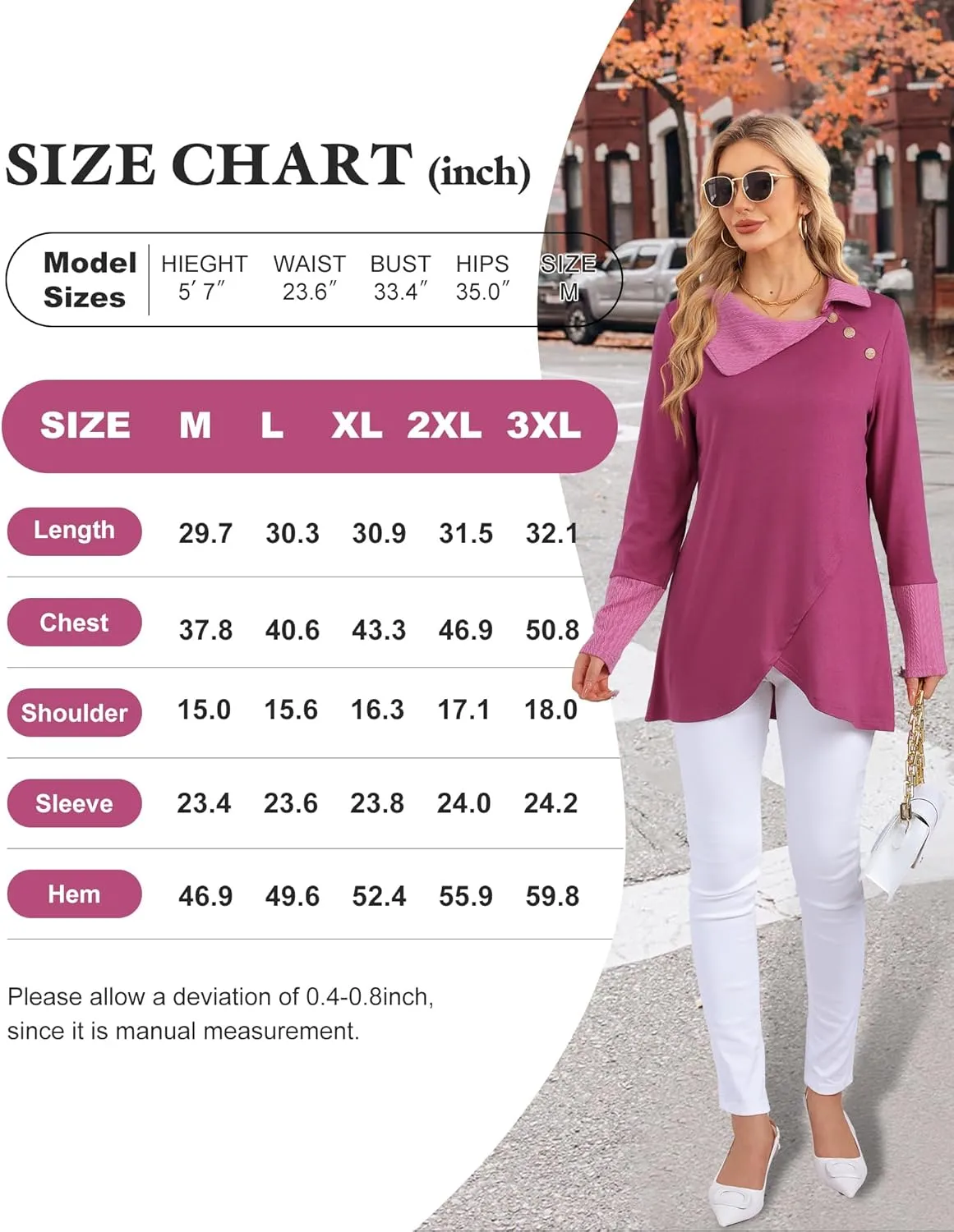 Bebonnie Women's Long Sleeve Lapel Neck Lightweight Sweatshirt Pullover Tunic Tops with Buttons