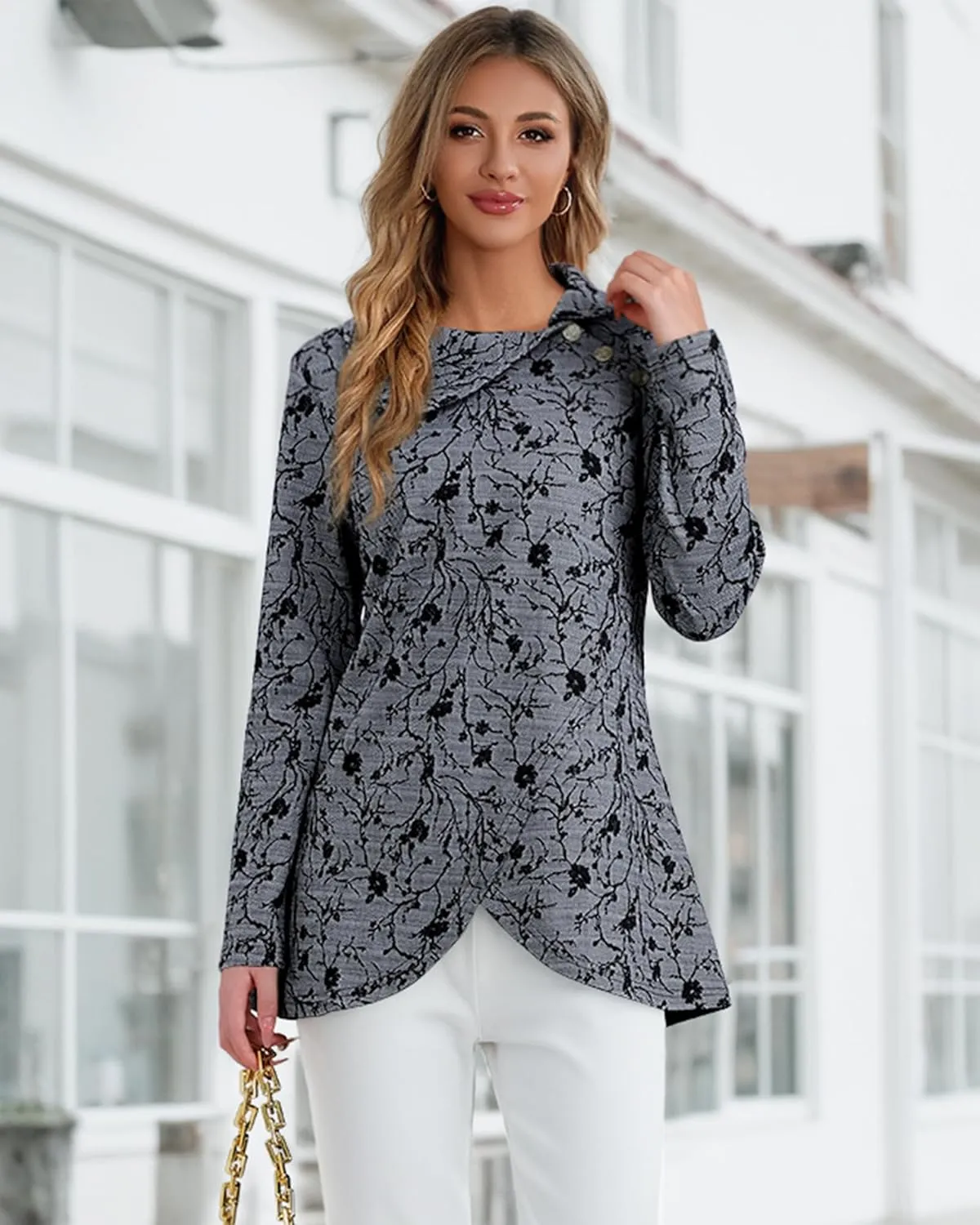 Bebonnie Women's Long Sleeve Lapel Neck Lightweight Sweatshirt Pullover Tunic Tops with Buttons