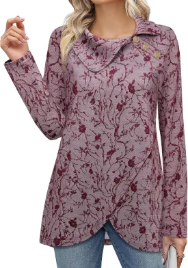 Bebonnie Women's Long Sleeve Lapel Neck Lightweight Sweatshirt Pullover Tunic Tops with Buttons
