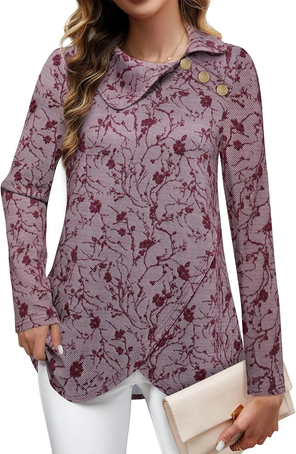 Bebonnie Women's Long Sleeve Lapel Neck Lightweight Sweatshirt Pullover Tunic Tops with Buttons