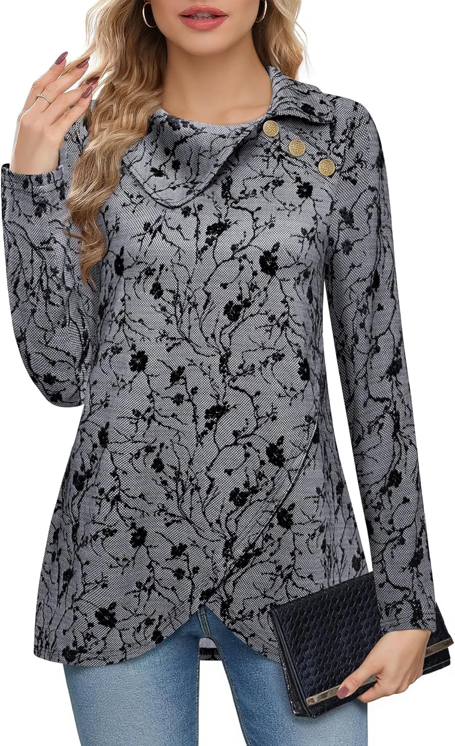 Bebonnie Women's Long Sleeve Lapel Neck Lightweight Sweatshirt Pullover Tunic Tops with Buttons
