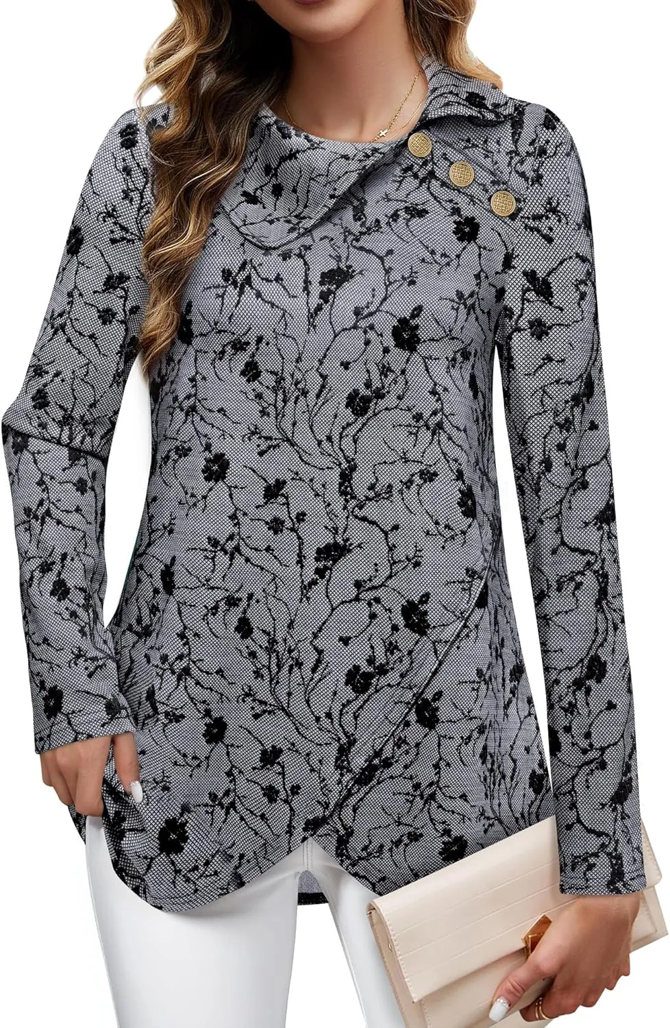 Bebonnie Women's Long Sleeve Lapel Neck Lightweight Sweatshirt Pullover Tunic Tops with Buttons