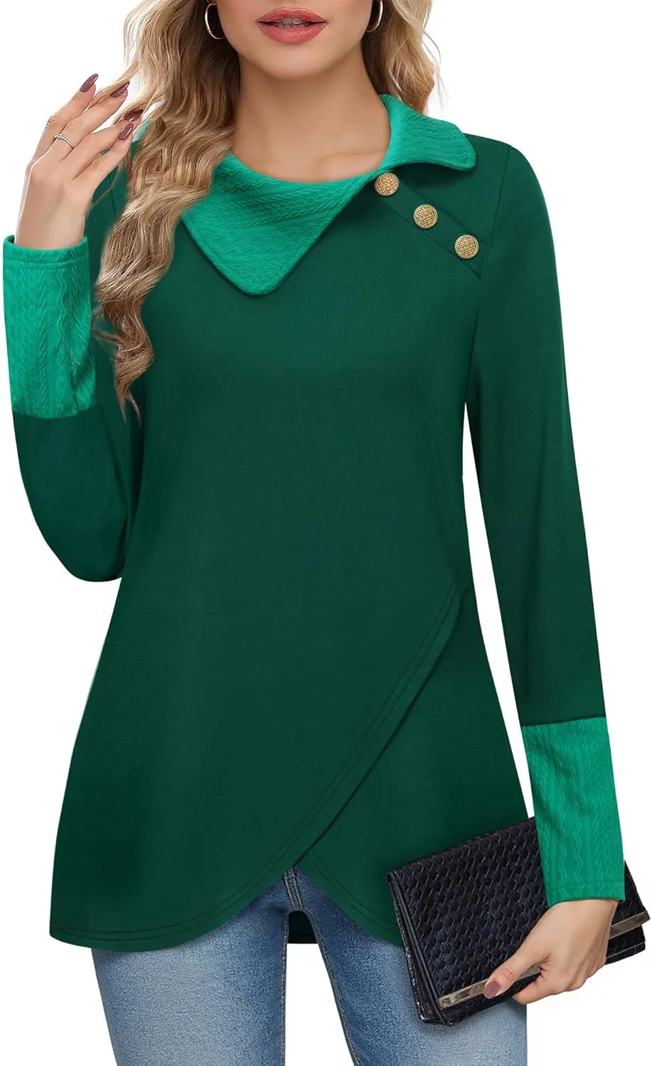 Bebonnie Women's Long Sleeve Lapel Neck Lightweight Sweatshirt Pullover Tunic Tops with Buttons