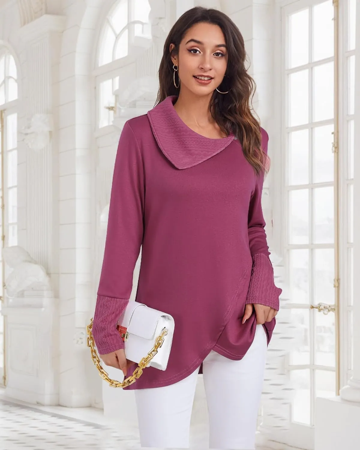 Bebonnie Women's Long Sleeve Lapel Neck Lightweight Sweatshirt Pullover Tunic Tops with Buttons