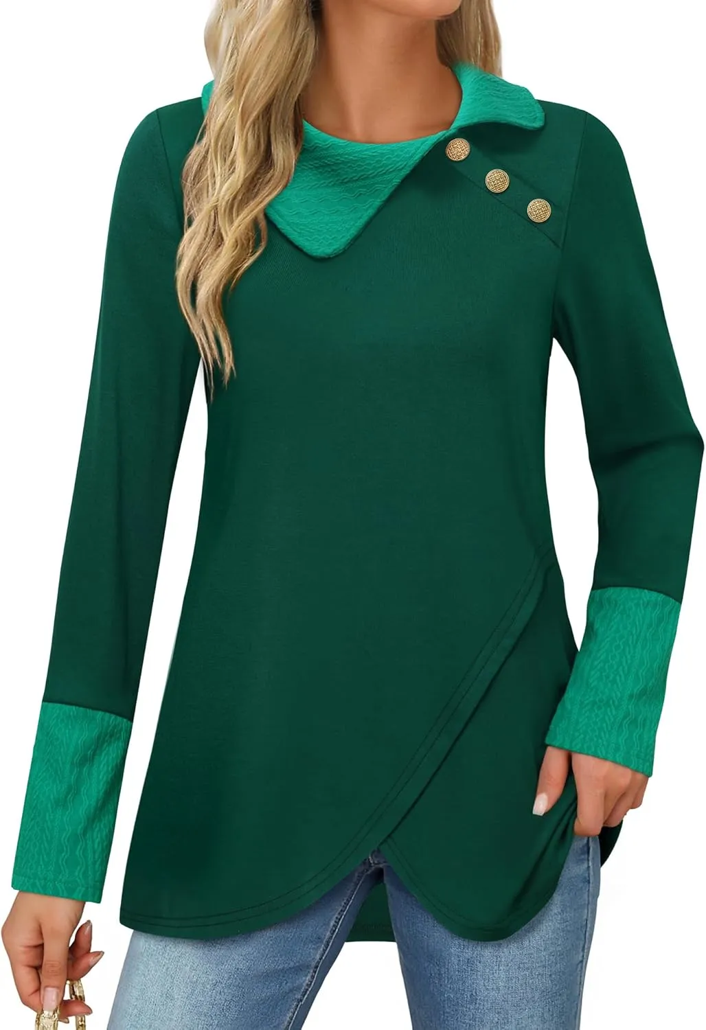 Bebonnie Women's Long Sleeve Lapel Neck Lightweight Sweatshirt Pullover Tunic Tops with Buttons