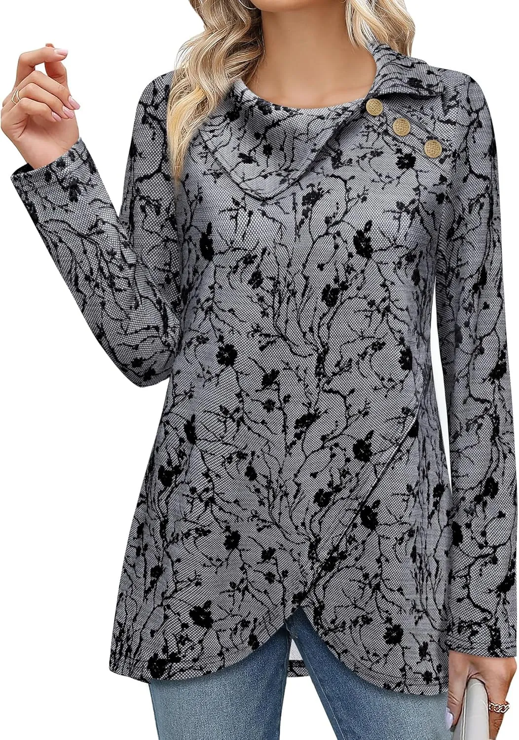 Bebonnie Women's Long Sleeve Lapel Neck Lightweight Sweatshirt Pullover Tunic Tops with Buttons