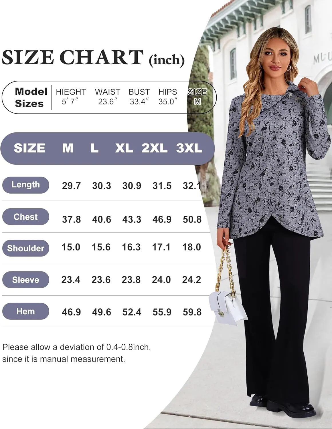 Bebonnie Women's Long Sleeve Lapel Neck Lightweight Sweatshirt Pullover Tunic Tops with Buttons