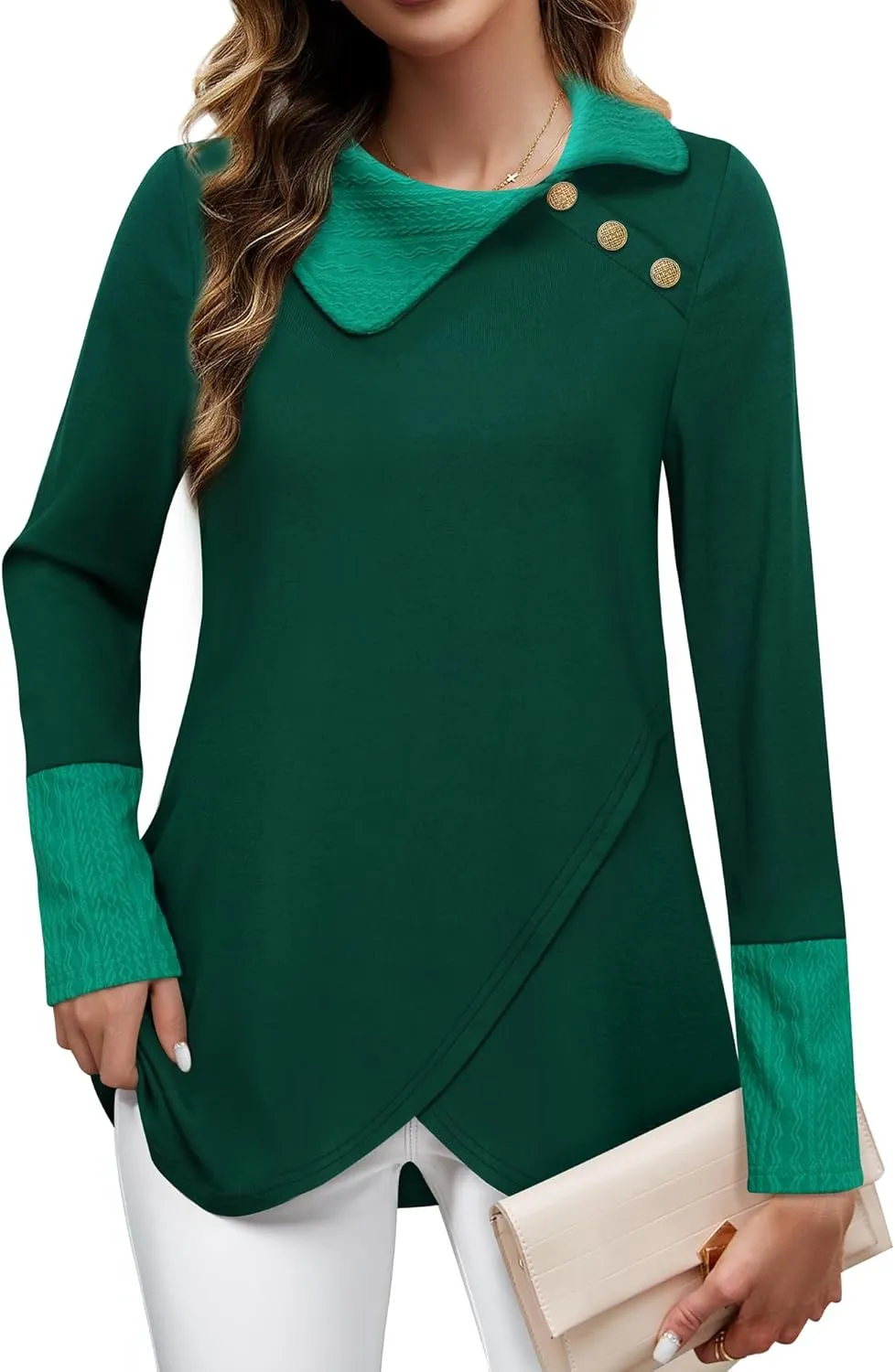 Bebonnie Women's Long Sleeve Lapel Neck Lightweight Sweatshirt Pullover Tunic Tops with Buttons