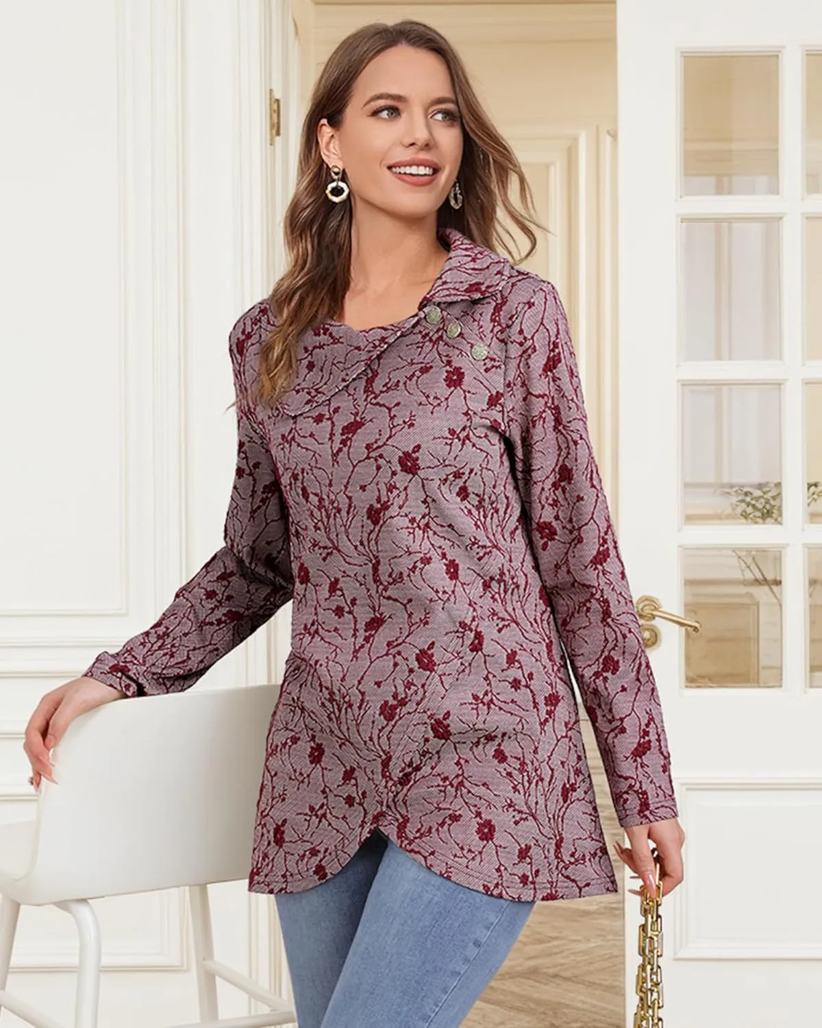 Bebonnie Women's Long Sleeve Lapel Neck Lightweight Sweatshirt Pullover Tunic Tops with Buttons