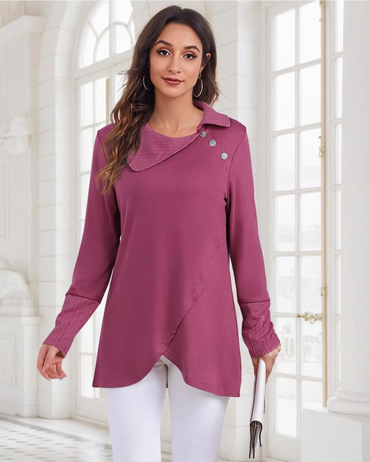Bebonnie Women's Long Sleeve Lapel Neck Lightweight Sweatshirt Pullover Tunic Tops with Buttons