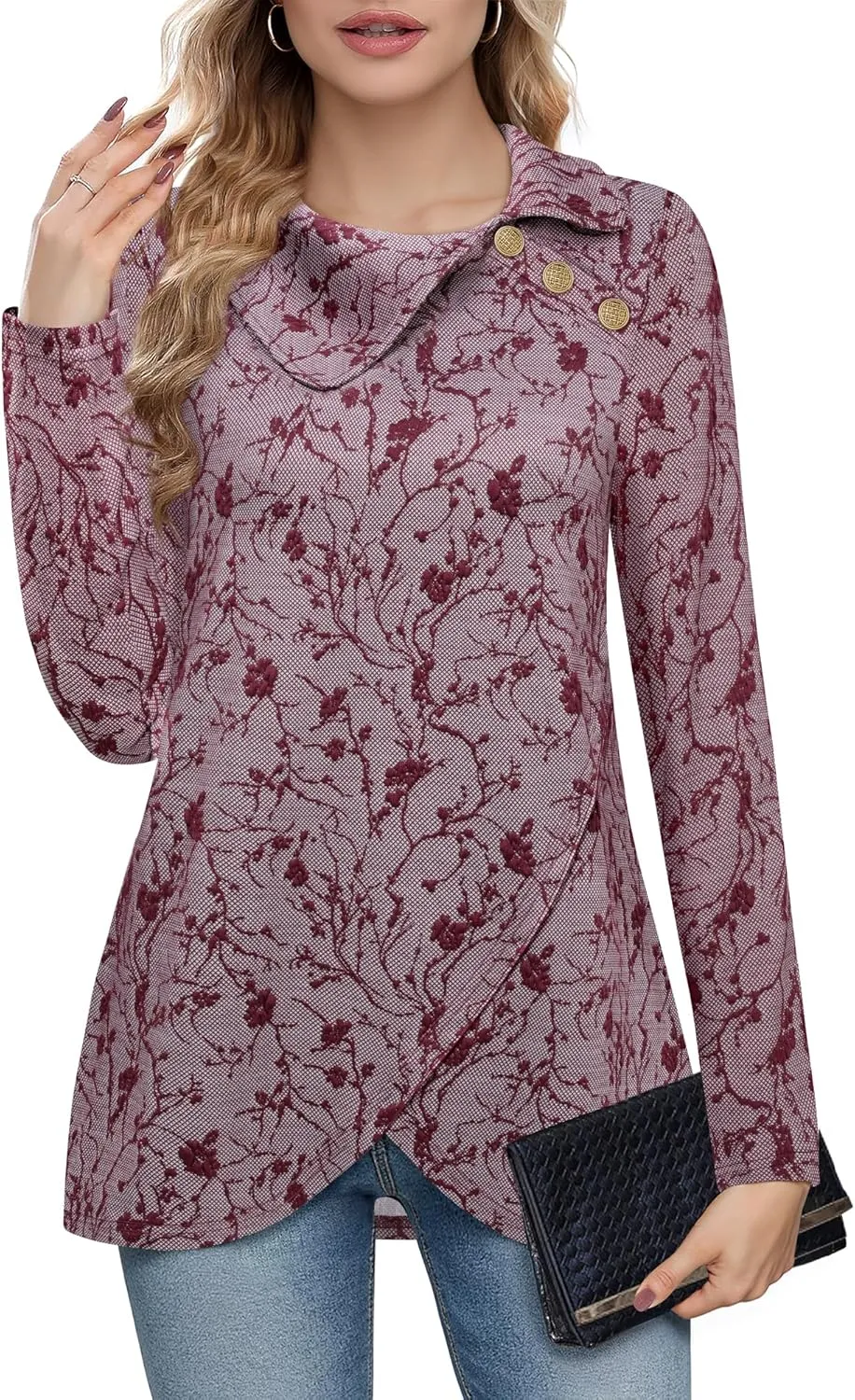 Bebonnie Women's Long Sleeve Lapel Neck Lightweight Sweatshirt Pullover Tunic Tops with Buttons
