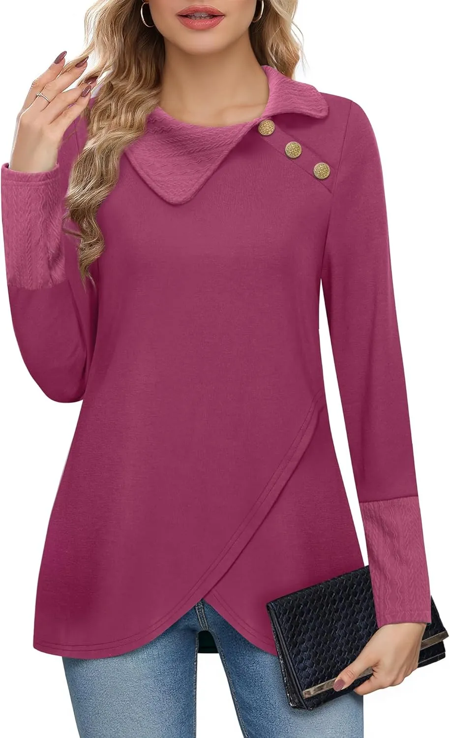 Bebonnie Women's Long Sleeve Lapel Neck Lightweight Sweatshirt Pullover Tunic Tops with Buttons