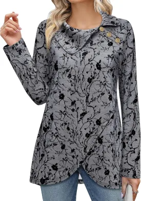 Bebonnie Women's Long Sleeve Lapel Neck Lightweight Sweatshirt Pullover Tunic Tops with Buttons