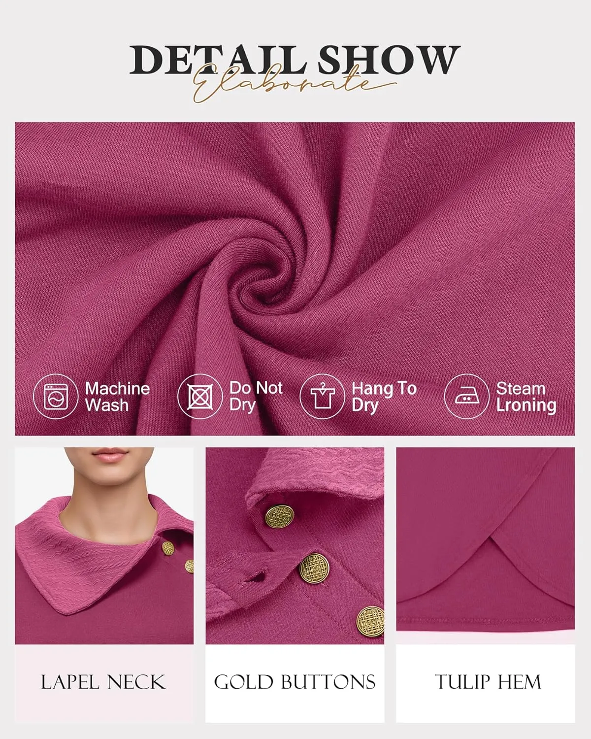 Bebonnie Women's Long Sleeve Lapel Neck Lightweight Sweatshirt Pullover Tunic Tops with Buttons