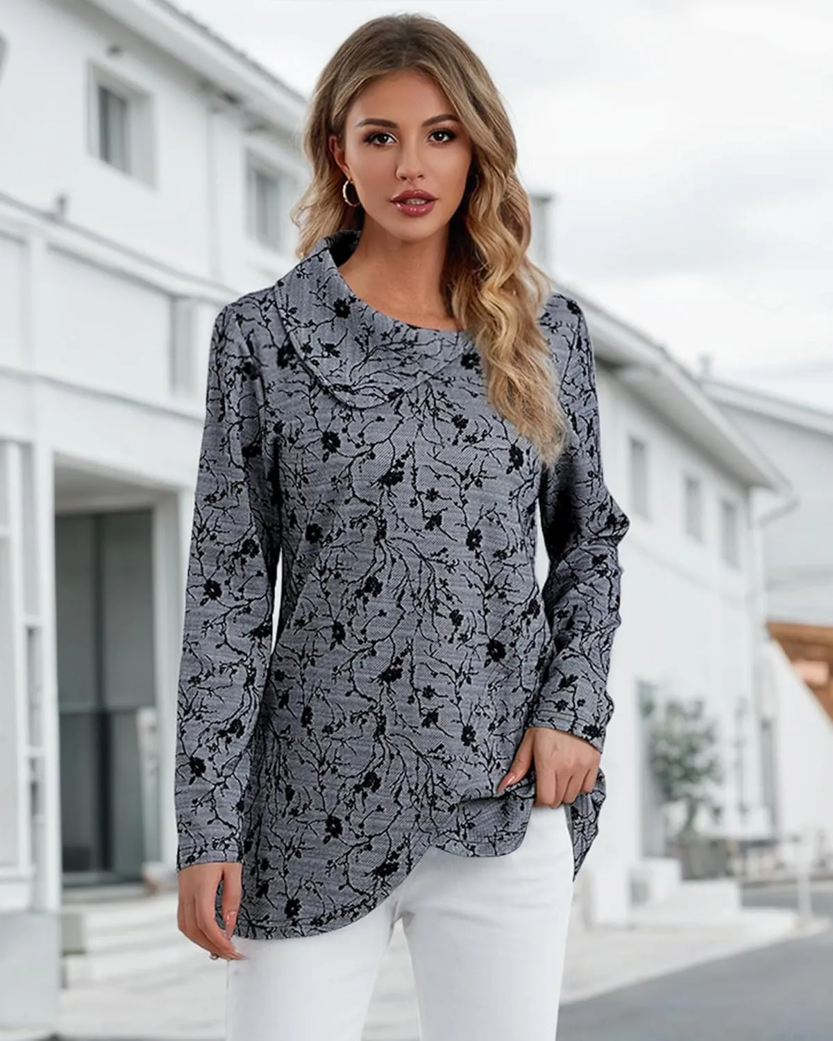 Bebonnie Women's Long Sleeve Lapel Neck Lightweight Sweatshirt Pullover Tunic Tops with Buttons