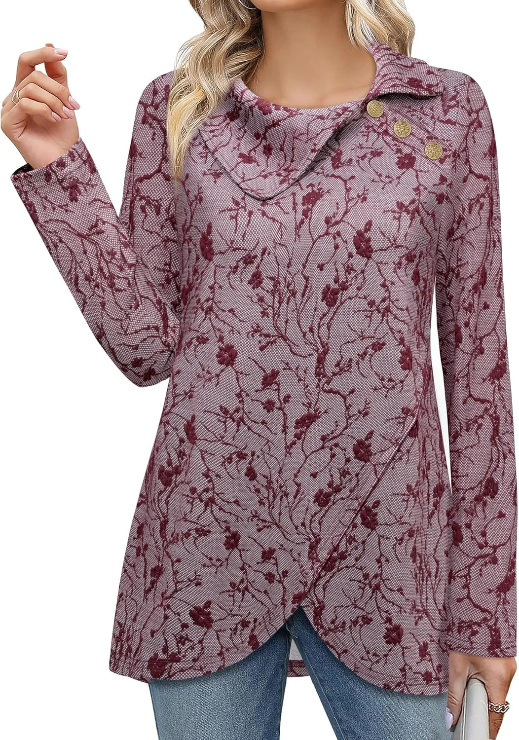 Bebonnie Women's Long Sleeve Lapel Neck Lightweight Sweatshirt Pullover Tunic Tops with Buttons