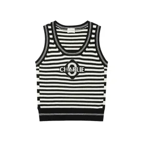 Black and White Striped Jacquard Knitted Tank Top