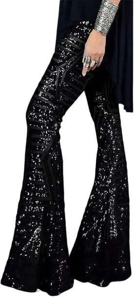 BLENCOT Women's Glitter Sequin Wide Leg Palazzo Pants High Waist Bell Bottoms Party Flared Trousers