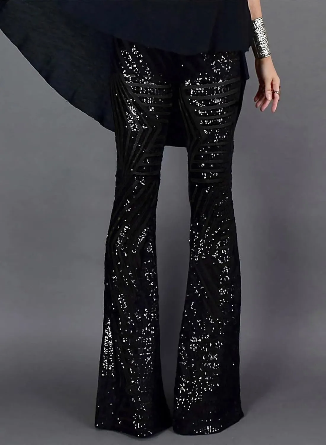 BLENCOT Women's Glitter Sequin Wide Leg Palazzo Pants High Waist Bell Bottoms Party Flared Trousers