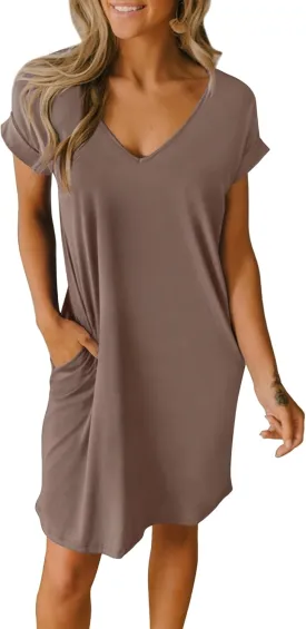 BTFBM Women Summer T Shirt Dresses 2025 Spring Short Sleeve V Neck Loose Casual Short Vacation Dress Pajamas Pockets