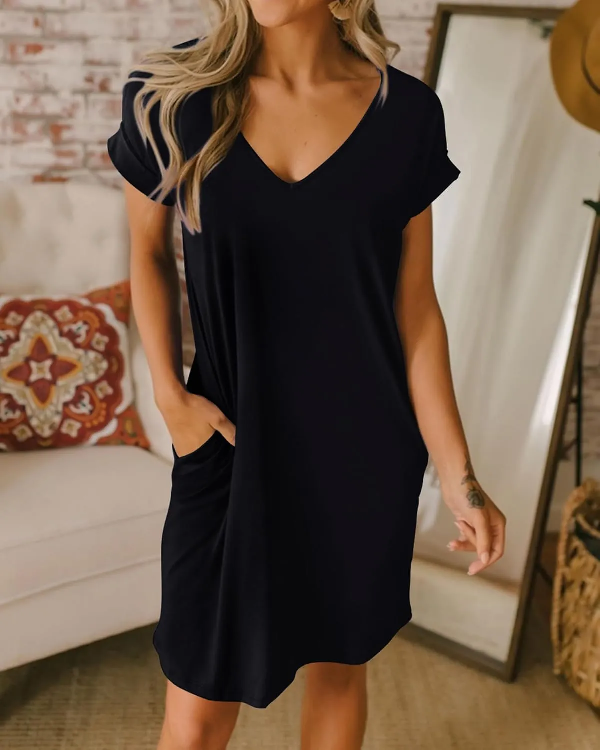 BTFBM Women Summer T Shirt Dresses 2025 Spring Short Sleeve V Neck Loose Casual Short Vacation Dress Pajamas Pockets