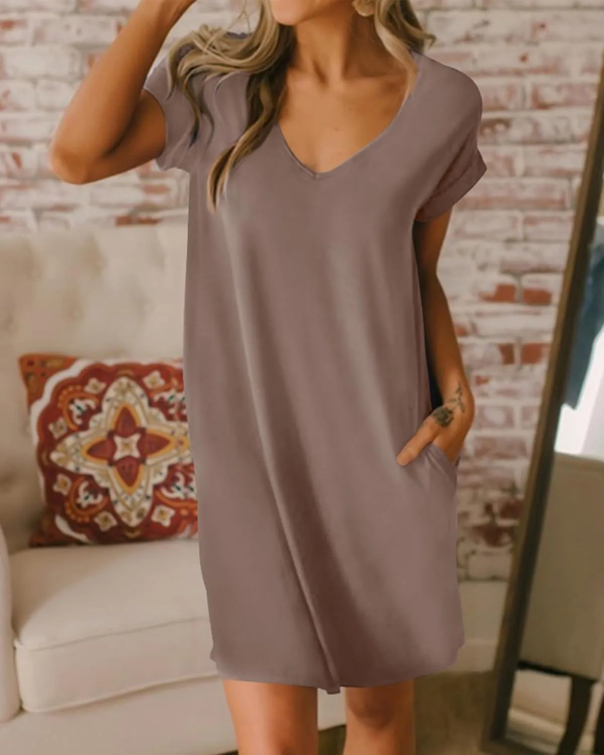 BTFBM Women Summer T Shirt Dresses 2025 Spring Short Sleeve V Neck Loose Casual Short Vacation Dress Pajamas Pockets