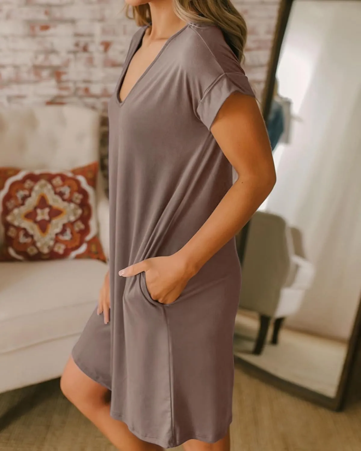 BTFBM Women Summer T Shirt Dresses 2025 Spring Short Sleeve V Neck Loose Casual Short Vacation Dress Pajamas Pockets
