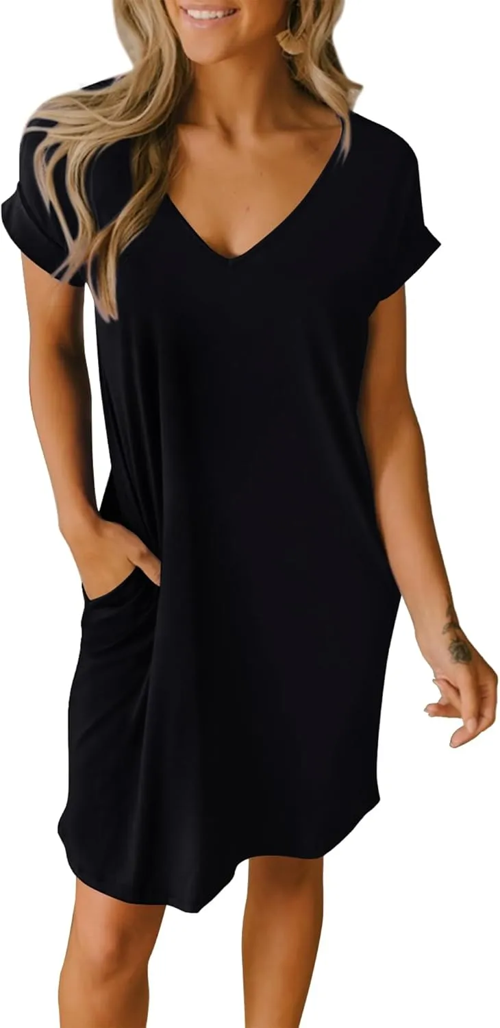 BTFBM Women Summer T Shirt Dresses 2025 Spring Short Sleeve V Neck Loose Casual Short Vacation Dress Pajamas Pockets
