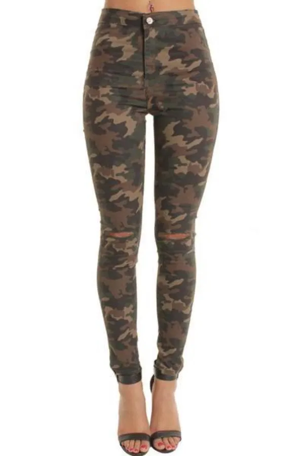 Camouflage High Waisted Ripped Knee Skinny Jeans Jeggings