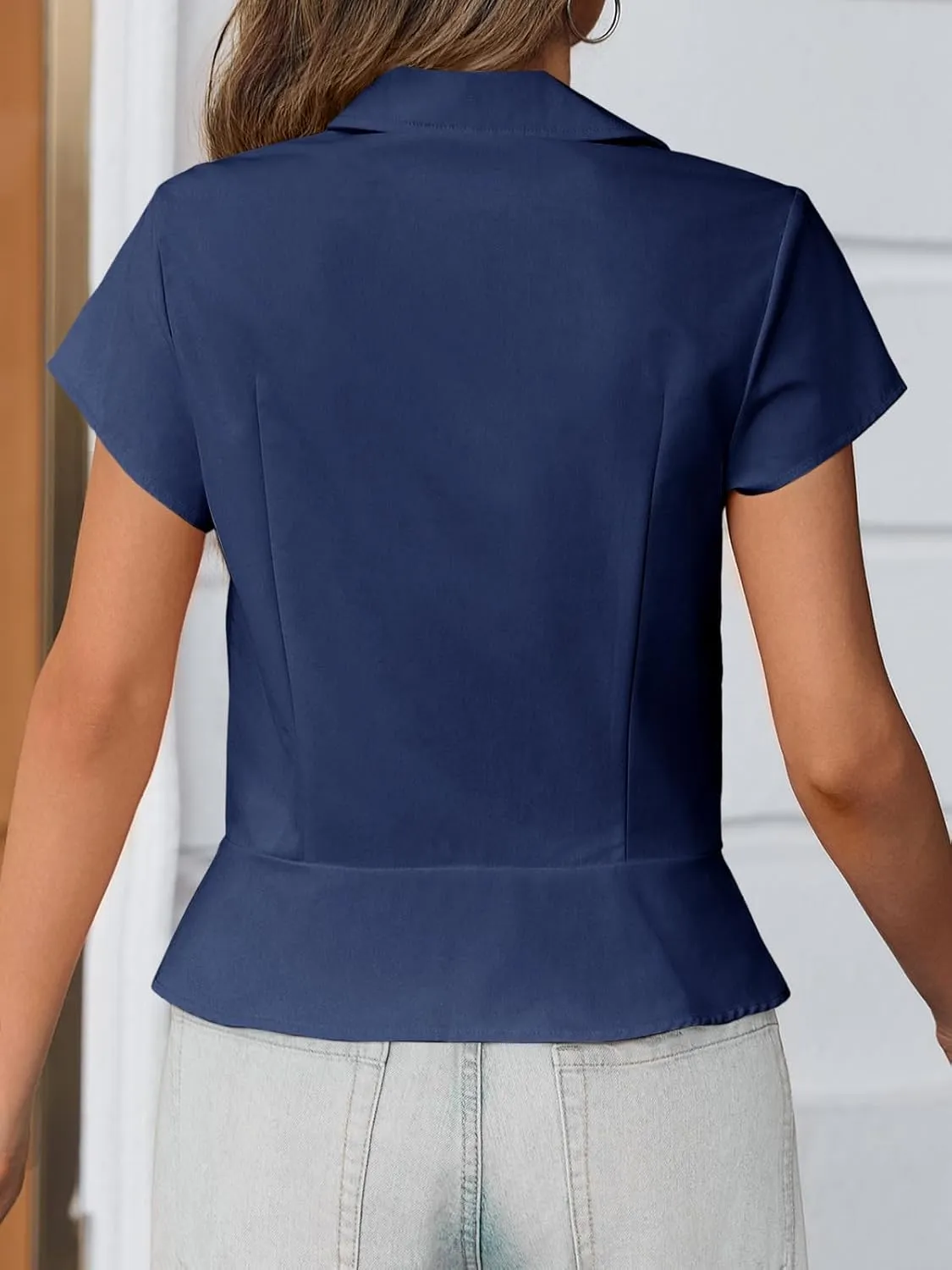 Cicy Bell Womens Short Sleeve Button Down Shirts Pleated Slim Fit Summer Dressy Casual Blouses
