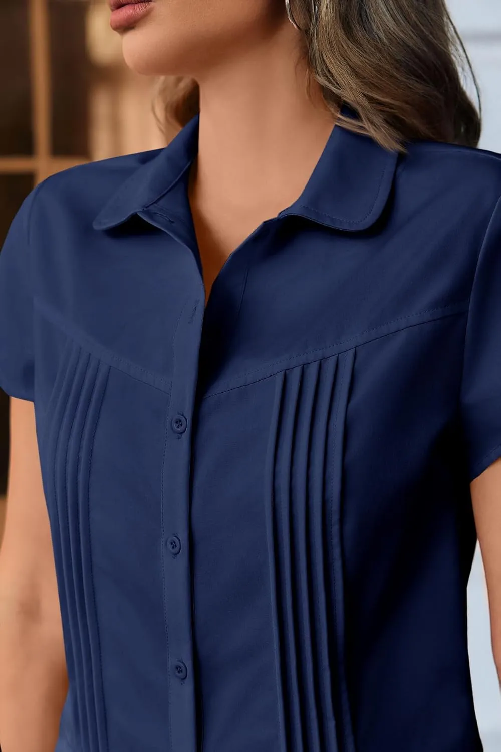 Cicy Bell Womens Short Sleeve Button Down Shirts Pleated Slim Fit Summer Dressy Casual Blouses