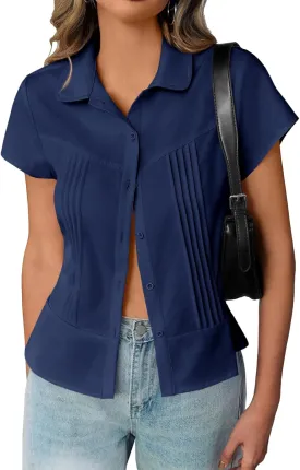 Cicy Bell Womens Short Sleeve Button Down Shirts Pleated Slim Fit Summer Dressy Casual Blouses
