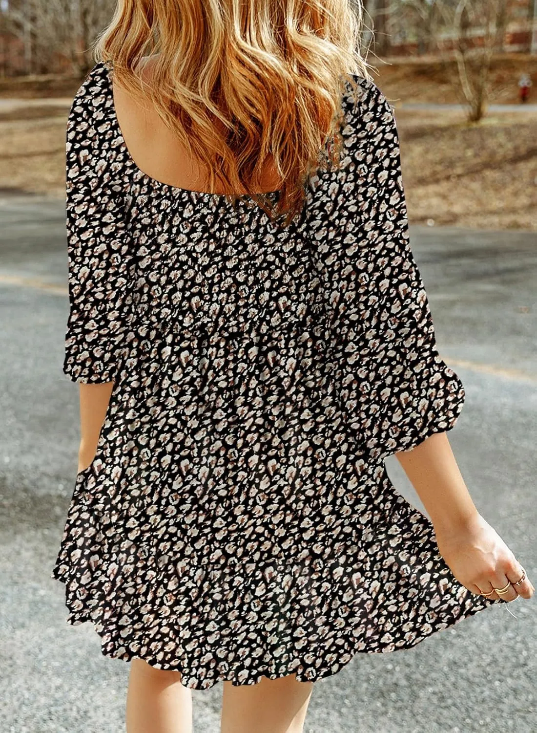 Dokotoo Spring Dresses for Women 2025 Boho Floral Square Neck Smocked 3/4 Sleeve Casual A-Line Swing Mini Dress Sundress