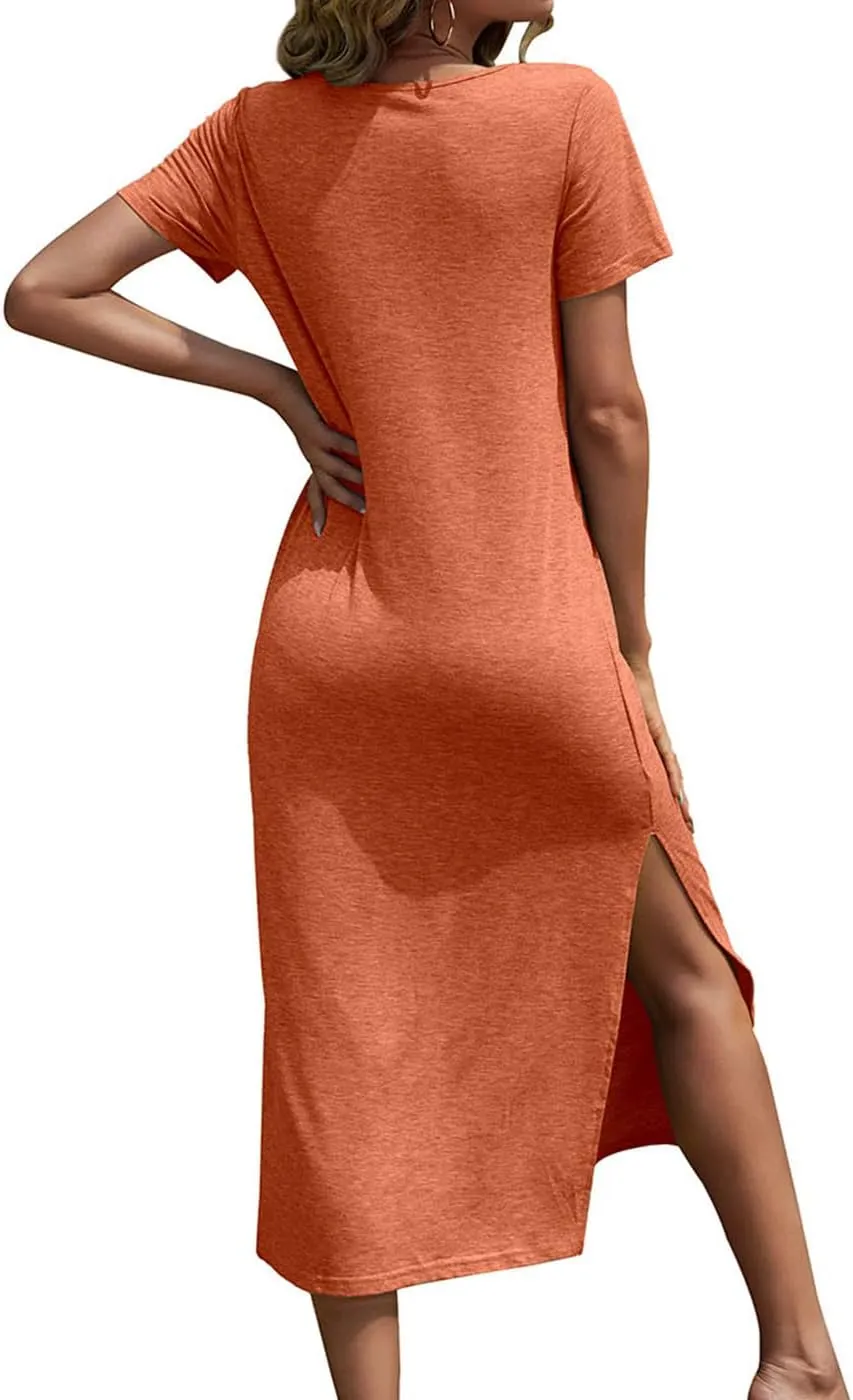 Dyexces Women Summer T Shirt Dress Casual Short Sleeve V Neck Maxi Dresses Loose Side Slit Long Tshirt Dress with Pockets