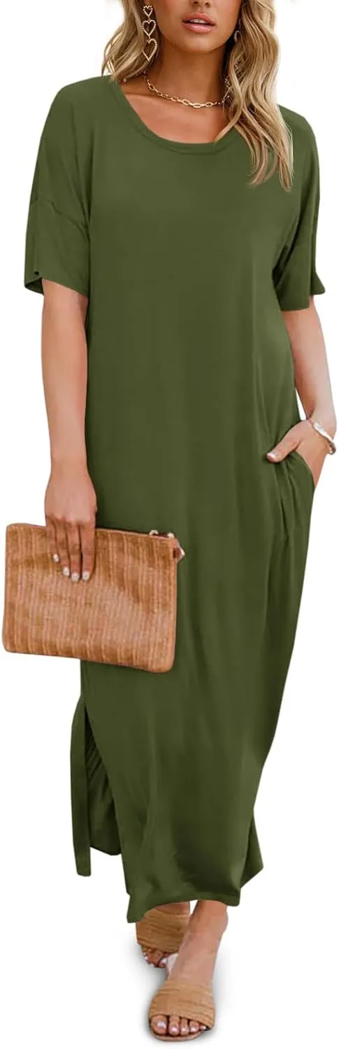 Dyexces Womens Summer T Shirt Dress Casual Drop Shoulder Round Neck Maxi Dresses Loose Side Slit Midi Dress with Pockets