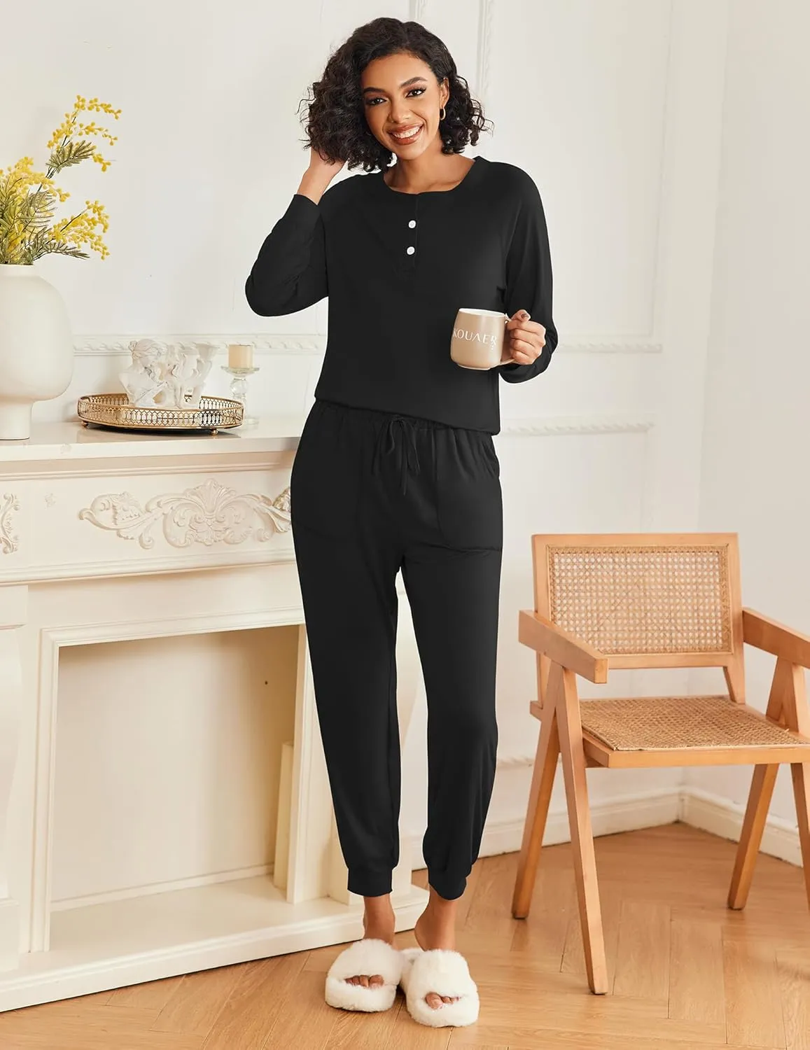 Ekouaer Womens Pajamas Long Sleeve Jogger Sets Comfy Pjs Soft Loungewear 2 Piece Lounge Sets with Pockets S-XXL