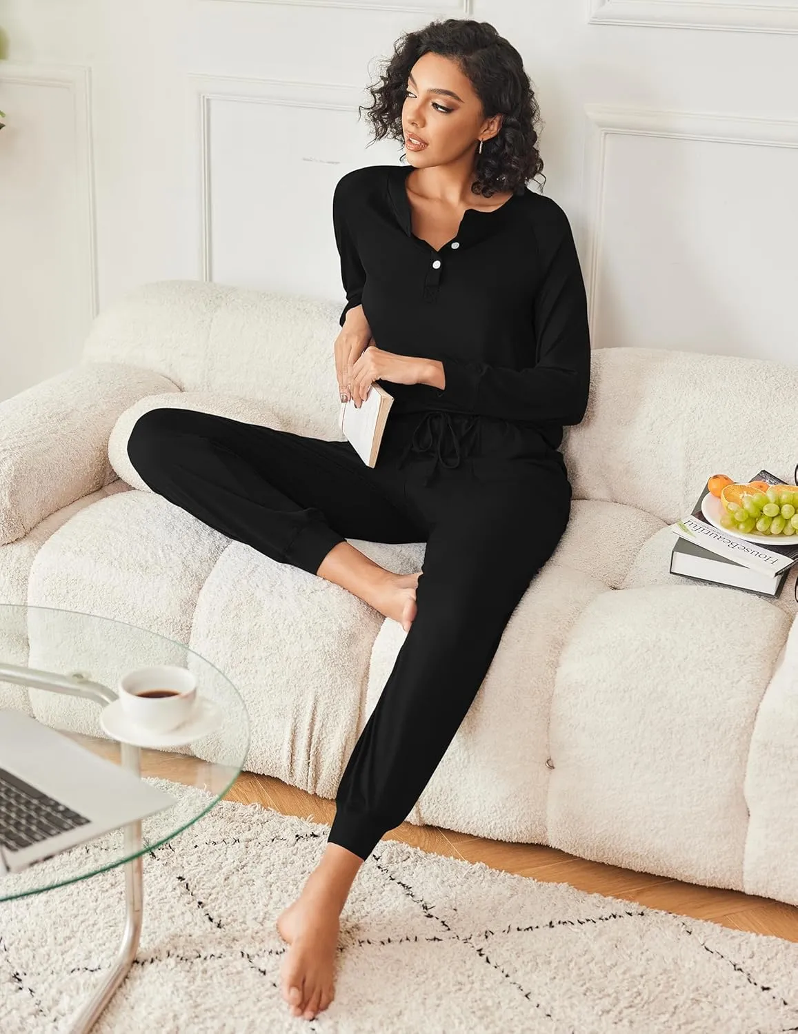Ekouaer Womens Pajamas Long Sleeve Jogger Sets Comfy Pjs Soft Loungewear 2 Piece Lounge Sets with Pockets S-XXL