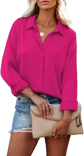 HOTOUCH Women Chiffon Button Down Shirts Long Sleeve Office Blouses Casual Business Work Tops Collared Shirt S-XXL