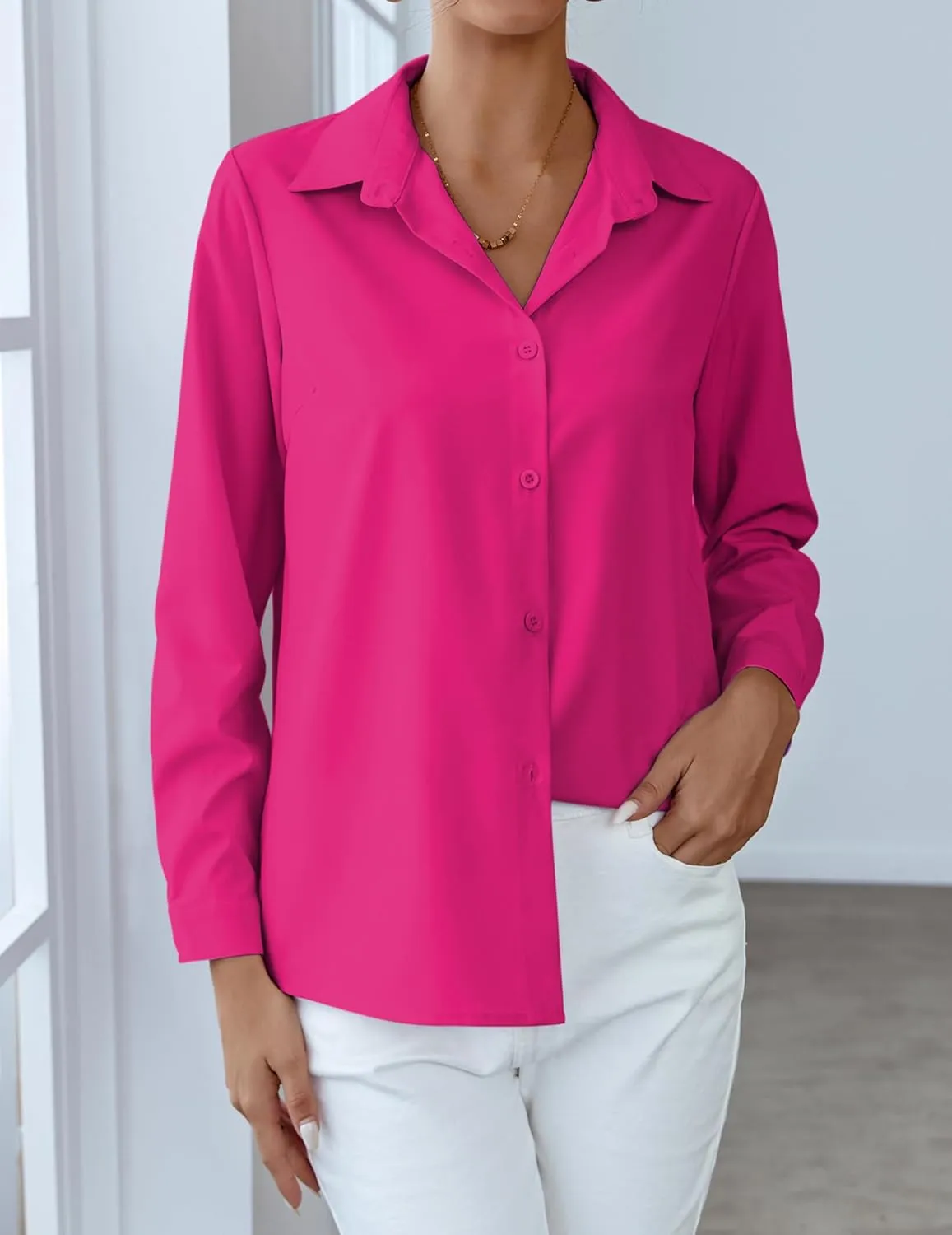HOTOUCH Women Chiffon Button Down Shirts Long Sleeve Office Blouses Casual Business Work Tops Collared Shirt S-XXL