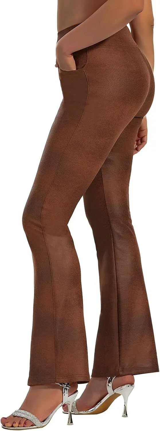 JK SUE JONES Faux Leather Pants for Women Bell Bottoms with Pockets Shiny Pleather Leggings Sexy High Waisted Tummy Control
