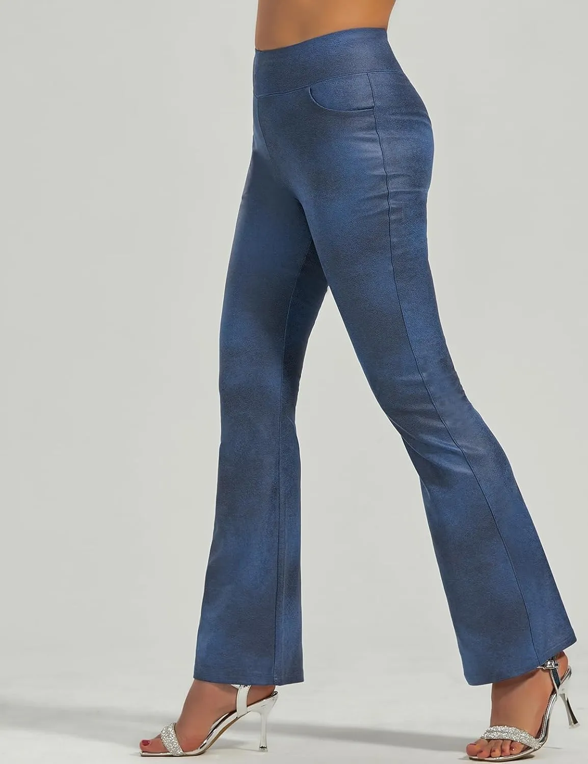 JK SUE JONES Faux Leather Pants for Women Bell Bottoms with Pockets Shiny Pleather Leggings Sexy High Waisted Tummy Control