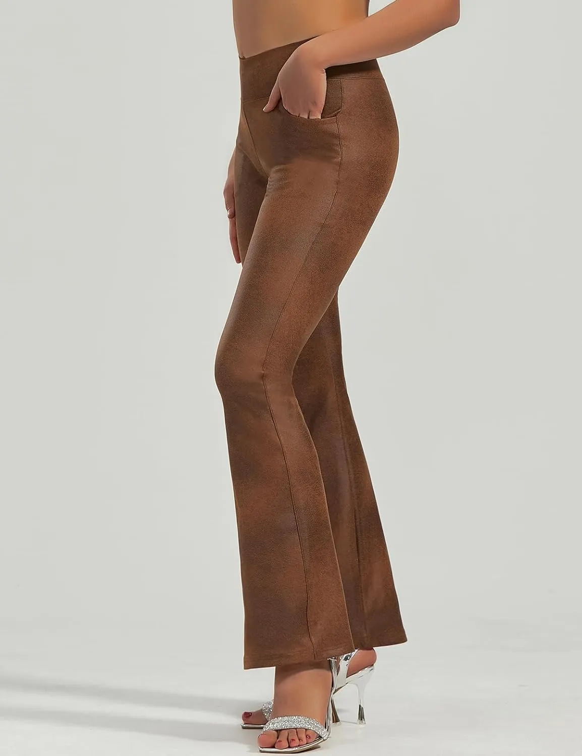 JK SUE JONES Faux Leather Pants for Women Bell Bottoms with Pockets Shiny Pleather Leggings Sexy High Waisted Tummy Control