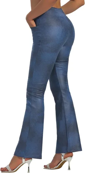 JK SUE JONES Faux Leather Pants for Women Bell Bottoms with Pockets Shiny Pleather Leggings Sexy High Waisted Tummy Control