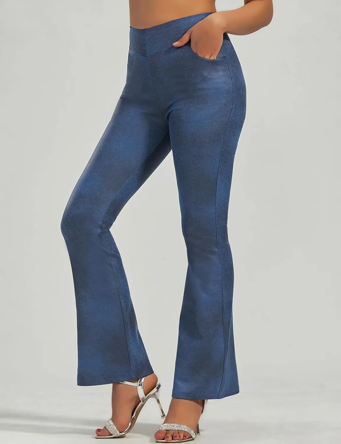 JK SUE JONES Faux Leather Pants for Women Bell Bottoms with Pockets Shiny Pleather Leggings Sexy High Waisted Tummy Control