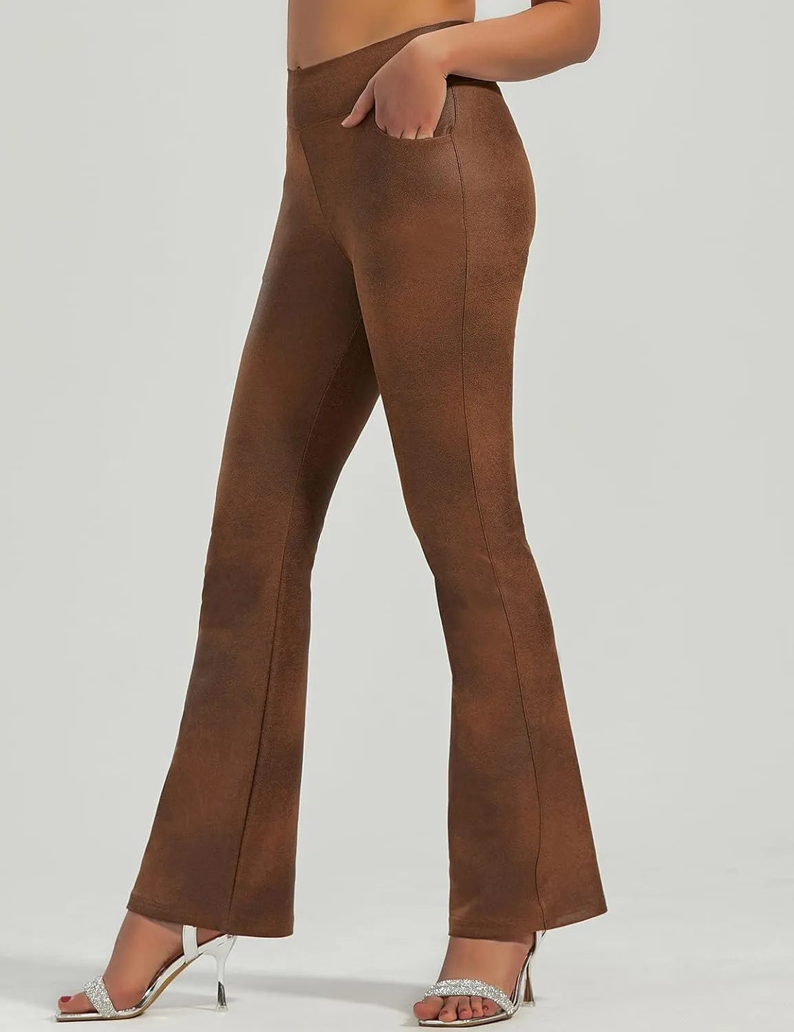 JK SUE JONES Faux Leather Pants for Women Bell Bottoms with Pockets Shiny Pleather Leggings Sexy High Waisted Tummy Control