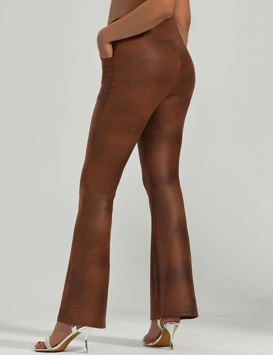 JK SUE JONES Faux Leather Pants for Women Bell Bottoms with Pockets Shiny Pleather Leggings Sexy High Waisted Tummy Control